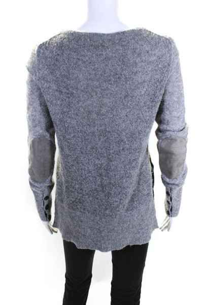 Rag & Bone Womens Suede Patch Crew Neck Side Split Sweater Gray Alpaca Size XS