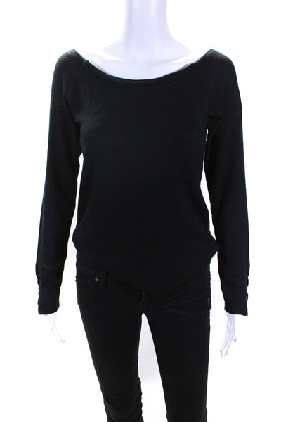 Generation Love Womens Long Sleeve Rib Knit Lace Up Top Blouse Black Size Small