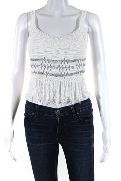 Misa Womens Crochet Fringe Trim Tank Top White Silver Cotton Size Extra Small