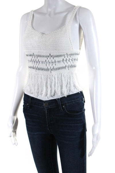 Misa Womens Crochet Fringe Trim Tank Top White Silver Cotton Size Extra Small