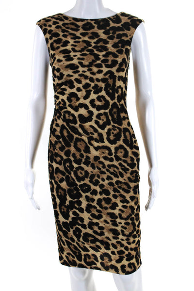 David Meister Womens Animal Print Sleeveless Ruched Dress Beige Black Size 2