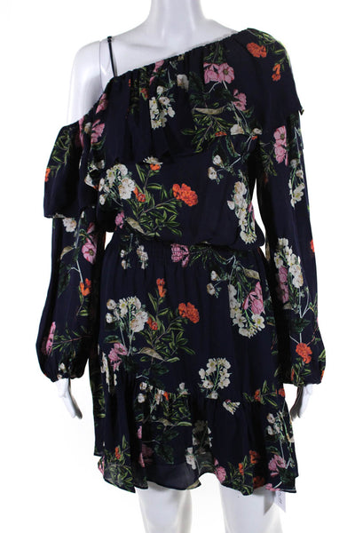 Parker Womens Silk Floral Print Off The Shoulder Dress Navy Blue Size Small