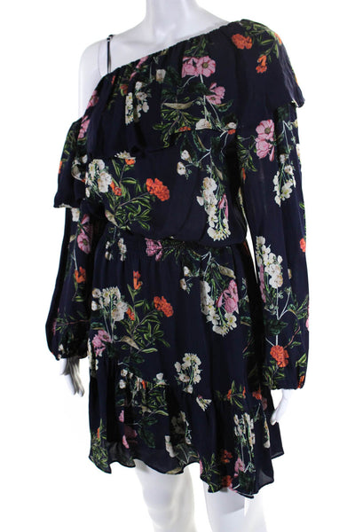 Parker Womens Silk Floral Print Off The Shoulder Dress Navy Blue Size Small