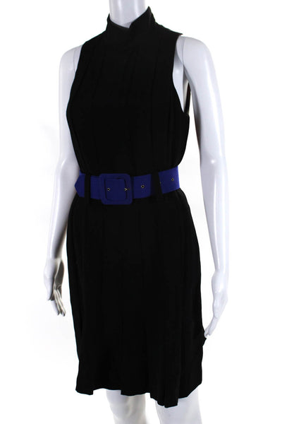 Nicole Miller Womens Back Zip Sleeveless Belted Sheath Dress Black Blue Size 8