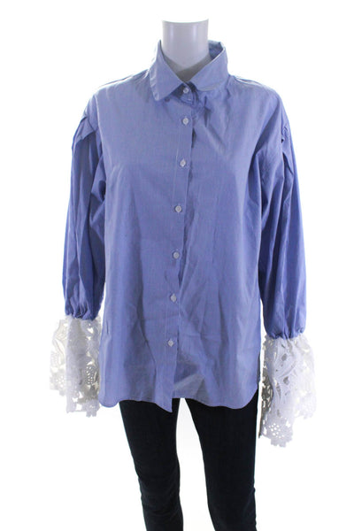 Storets Womens Cotton Striped Lace Long Sleeve Button-Up Blouse Blue Size S/M