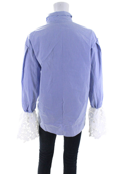 Storets Womens Cotton Striped Lace Long Sleeve Button-Up Blouse Blue Size S/M