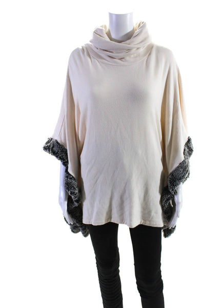 Capote Womens Cream Gray Fuzzy Edge Cowl Neck Poncho Sweater Top Size S/M