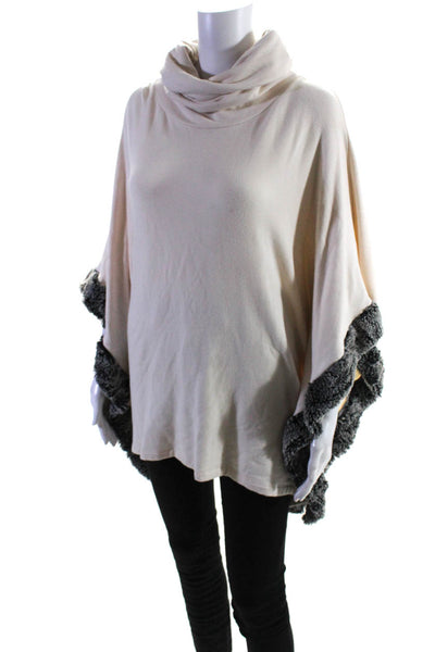 Capote Womens Cream Gray Fuzzy Edge Cowl Neck Poncho Sweater Top Size S/M