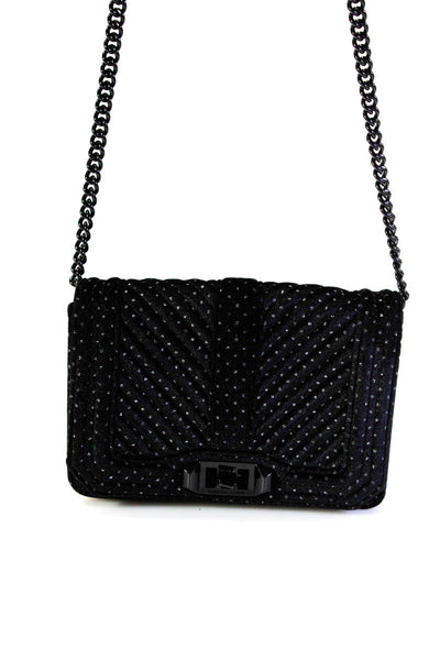 Rebecca Minkoff Womens Quilted Metallic Dotted Velvet Shoulder Handbag Black