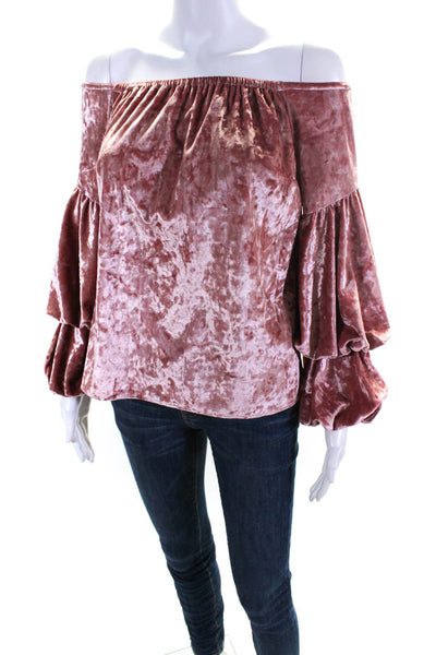 Petersyn Womens Velvet Off-the-Shoulder Puff Tier Long Sleeve Blouse Pink Size S