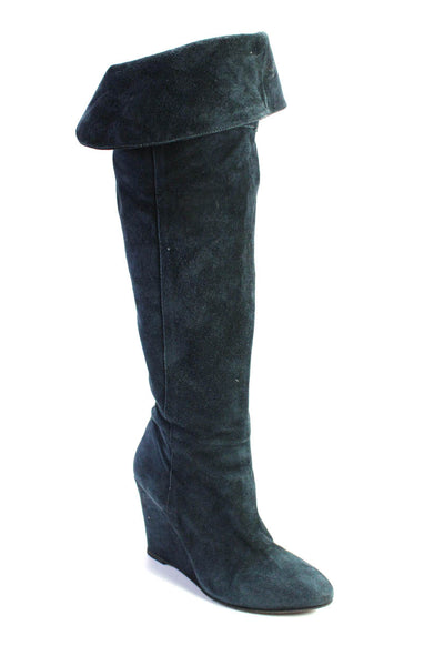 Gastone Lucioli Womens Suede Knee High Wedge Boots Navy Blue Size 39 9
