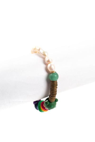 Designer Womens Rainbow Beaded Frog Pearl Elastic Bracelet Multicolor