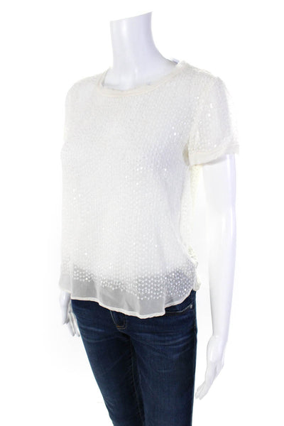 DKNY Womens Chiffon Sequin Embellished Short Sleeve Blouse Top White Size PP