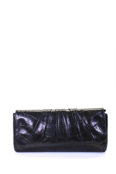Lauren Merkin Womens Croc Embossed Ruched Flap Perforated Clutch Handbag Black