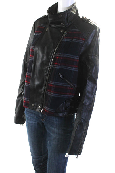 Bernardo Womens Faux Leather Plaid Panel Full Zip Motorcycle Jacket Black Size M