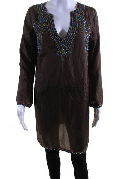 BCBGMAXAZRIA Womens 3/4 Sleeve Beaded Silk Tunic Shirt Brown Size Extra Small