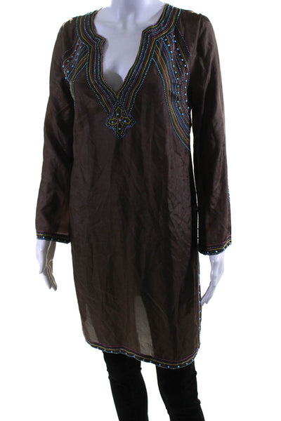 BCBGMAXAZRIA Womens 3/4 Sleeve Beaded Silk Tunic Shirt Brown Size Extra Small