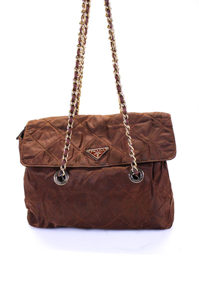 Prada Womens Double Handle Quilted Logo Shoulder Handbag Brown Nyon