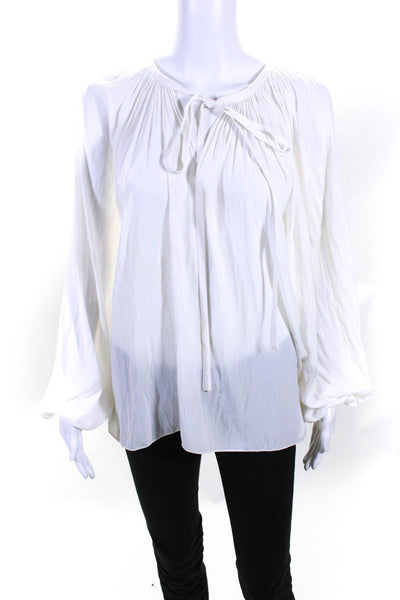 Ramy Brook Womens Pleated V-Neck Tied Long Sleeve Pullover Blouse White Size M