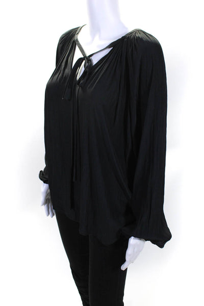 Ramy Brook Womens Pleated Tied V-Neck Long Sleeve Pullover Blouse Black Size M