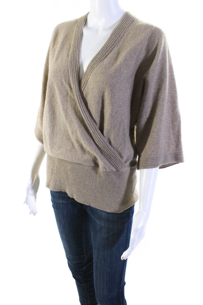 Lafayette 148 New York Womens Cashmere Metallic V-Neck Wrap Sweater Brown Size L
