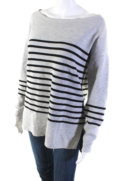 Athleta Womens Cotton Striped Print Split Hem Boat Neck Knit Top Gray Size M