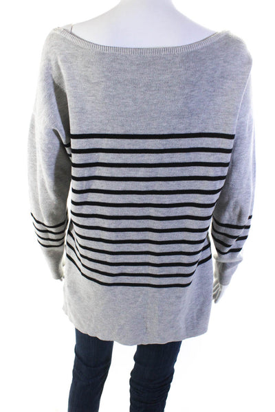 Athleta Womens Cotton Striped Print Split Hem Boat Neck Knit Top Gray Size M