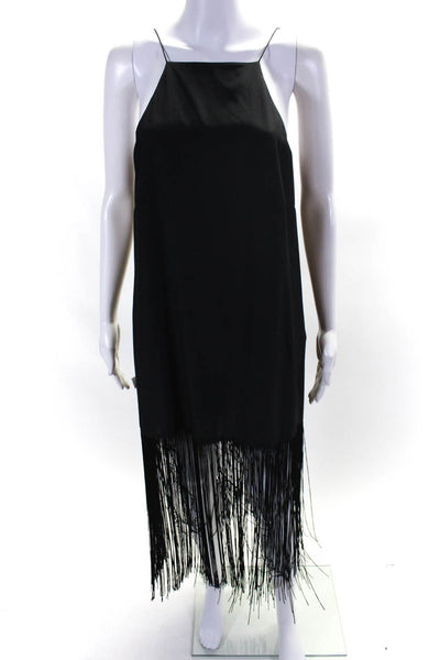 Cami NYC Womens Solid Black Silk Fringe Edge Sleeveless A-Line Dress Size M
