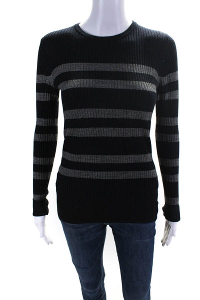 Jarbo Womens Wool Knit Striped Round Neck Long Sleeve Pullover Top Black Size 1