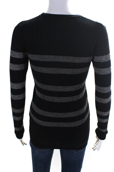 Jarbo Womens Wool Knit Striped Round Neck Long Sleeve Pullover Top Black Size 1