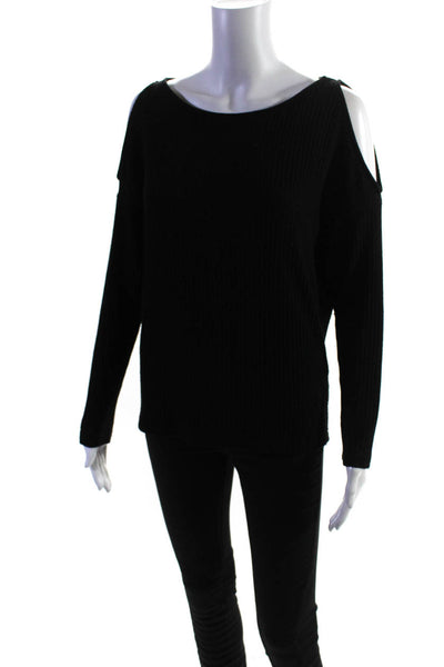 Splendid Womens Ridded Knit Long Sleeve Cold Shoulder Blouse Top Black Size S