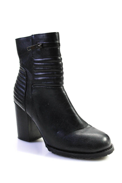 Bucco Womens Side Zip Block Heel Quilted Trim Booties Black Leather Size 8.5