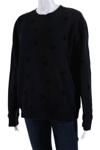 McQ Womens Cotton Knit Bird Print Long Sleeve Crewneck Sweatshirt Navy Size L