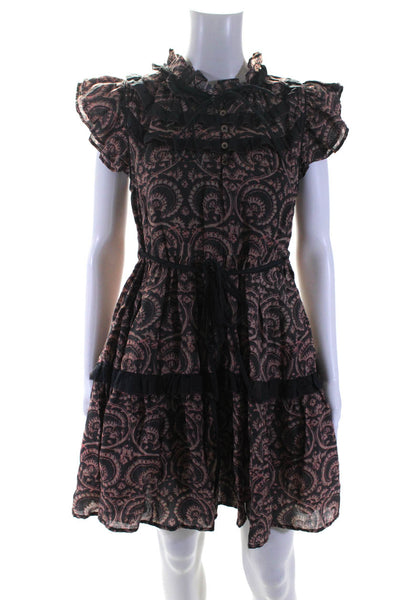 Letuebe Womens Abstract Print Ruffled A Line Dress Black Pink Size Small