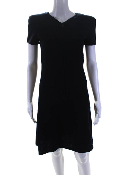 Chanel Boutique Womens Short Sleeves A Line Dress Navy Blue Wool Size Small