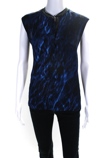 T Tahari Womens Tie Dye Print Mesh Sleeveless Pullover V-Neck Blouse Blue Size S