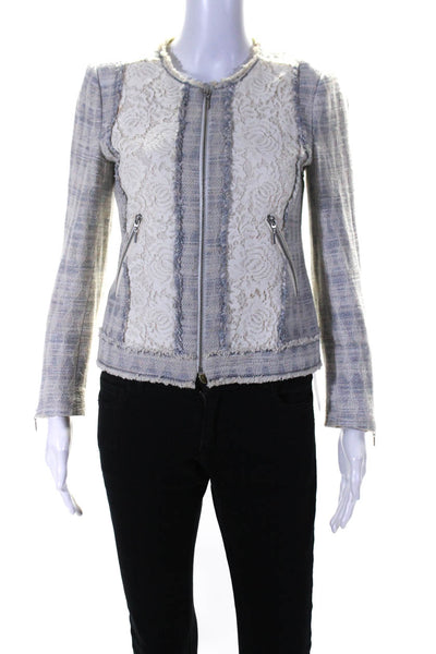 Rebecca Taylor Womens Front Zip Crew Neck Lace Trim Knit Jacket Gray White 2