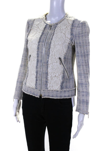 Rebecca Taylor Womens Front Zip Crew Neck Lace Trim Knit Jacket Gray White 2