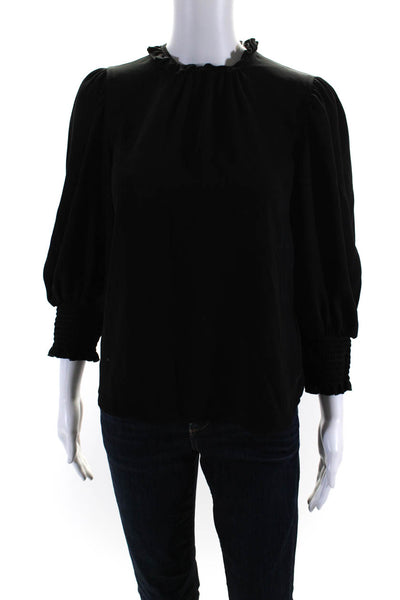 Amanda Uprichard Womens Ruffled Neckline Long Sleeves Blouse Black Size Small