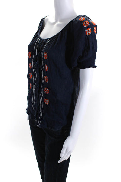 Joie Womens Embroidered Button Down Blouse Navy Blue Orange Size Small