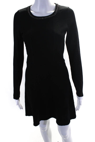 Shoshanna Womens Long Sleeve Chain Crew Neck Knit A Line Dress Black Size Small