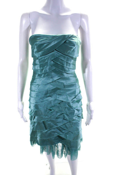 BCBG Max Azria Womens Raw Hem Satin Strapless Tiered Midi Dress Turquoise Size 2