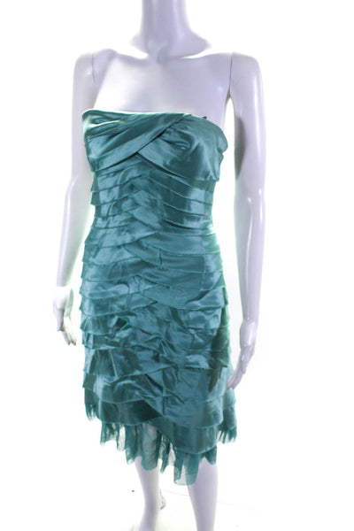 BCBG Max Azria Womens Raw Hem Satin Strapless Tiered Midi Dress Turquoise Size 2