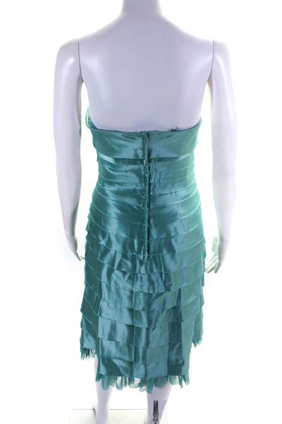 BCBG Max Azria Womens Raw Hem Satin Strapless Tiered Midi Dress Turquoise Size 2