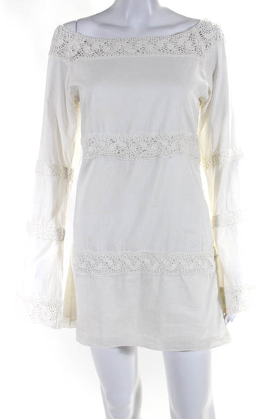 Letarte Womens Crochet Trim Boat Neck Long Sleeve Sheath Dress White Size Medium