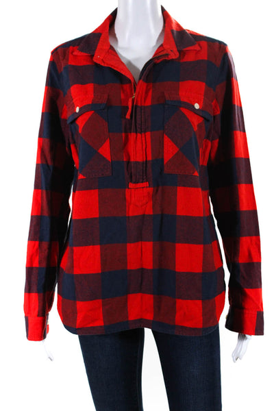 J Crew Womens Cotton Check Print Long Sleeve Pullover Half Zip Top Red Size S