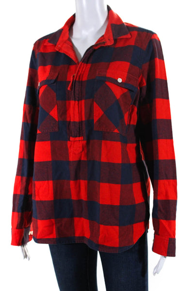 J Crew Womens Cotton Check Print Long Sleeve Pullover Half Zip Top Red Size S