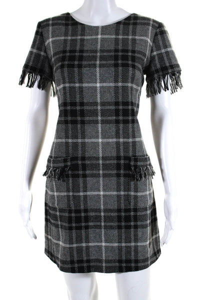 Amanda Uprichard Womens Plaid Fringe Trim Short Sleeve Zip Up Dress Gray Size S