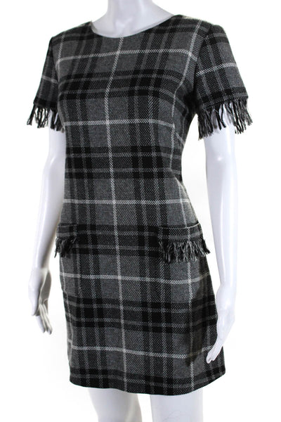 Amanda Uprichard Womens Plaid Fringe Trim Short Sleeve Zip Up Dress Gray Size S