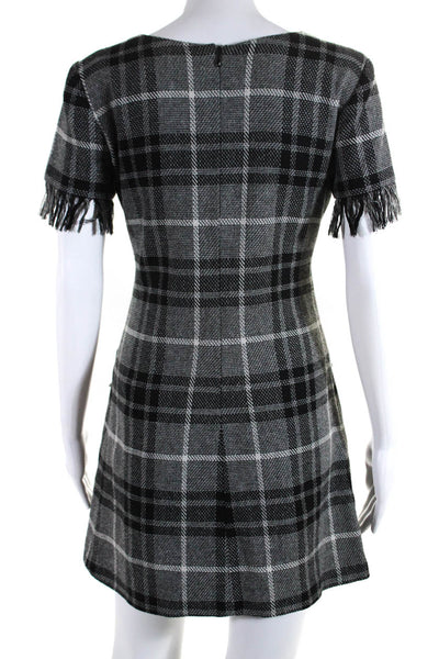 Amanda Uprichard Womens Plaid Fringe Trim Short Sleeve Zip Up Dress Gray Size S